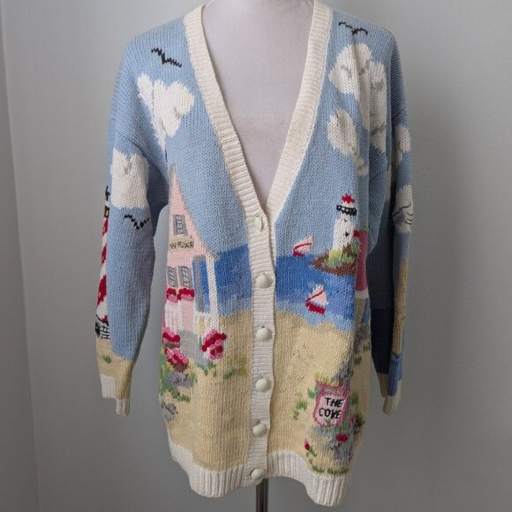 Vintage Design Options Seaside Button Up Knit Car… - image 1